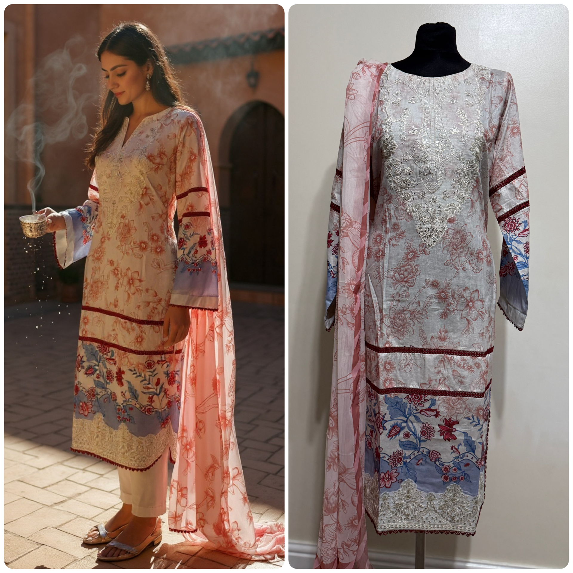 Designer Inspired by Afrozeh - 3 Piece Outfit Salwar Kameez Pakistan Fashion (Cream Pink) AF2
