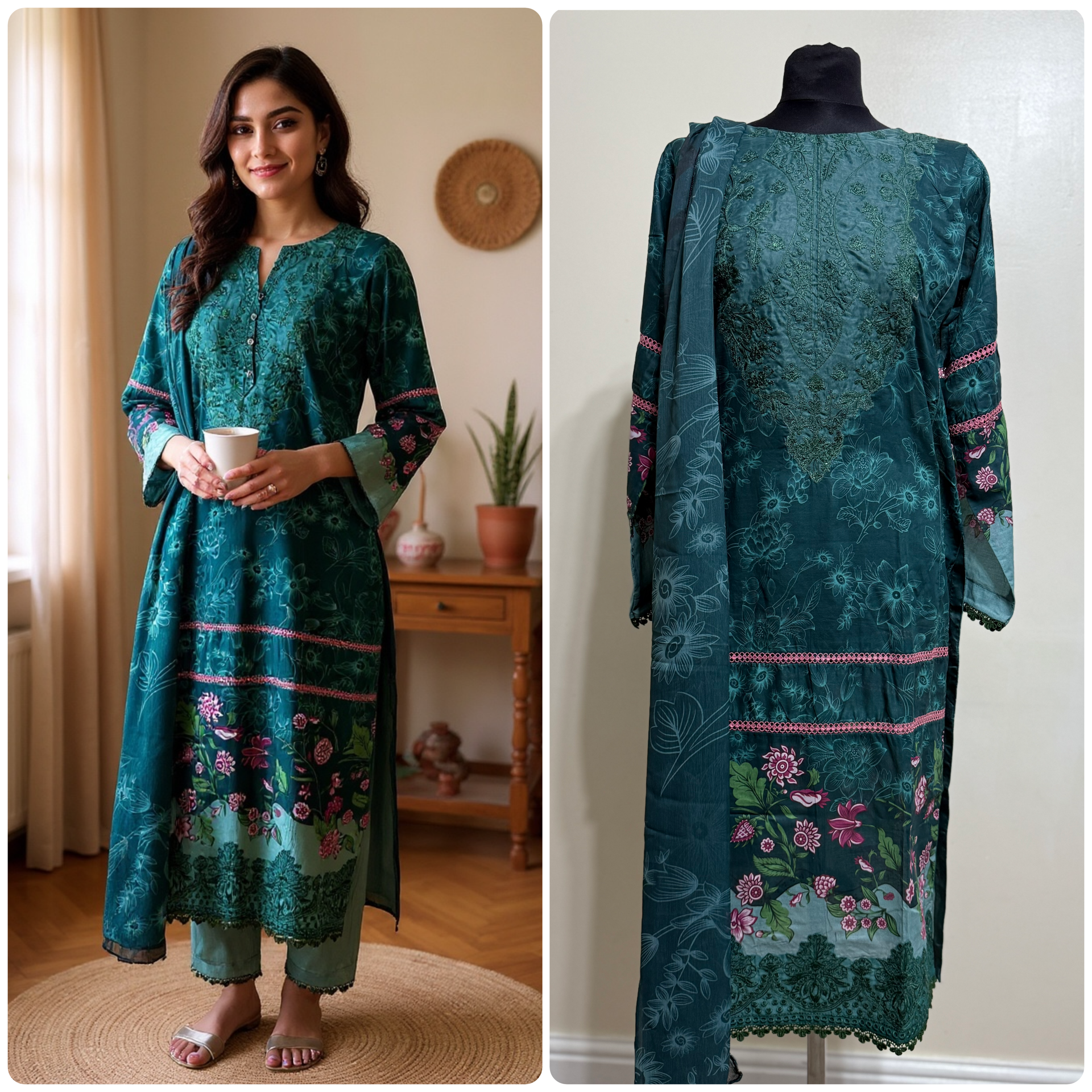 Designer Inspired by Afrozeh - 3 Piece Outfit Salwar Kameez Pakistan Fashion (Dark Green) AF1