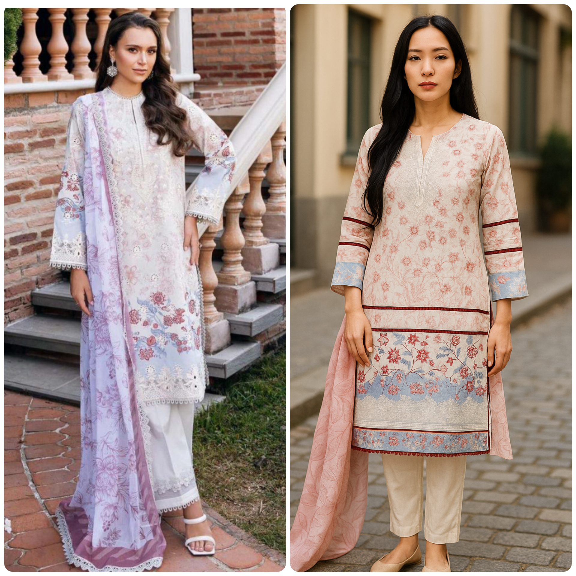 Designer Inspired by Afrozeh - 3 Piece Outfit Salwar Kameez Pakistan Fashion (Cream Pink) AF2