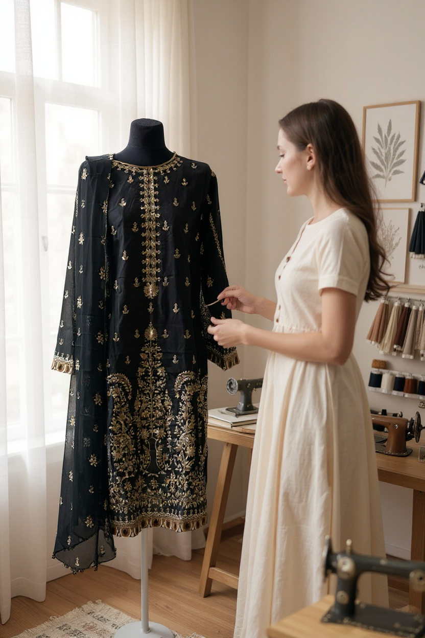 Designer Inspired by Maria B - 3 Piece Outfit Salwar Kameez Pakistan Fashion (Black)