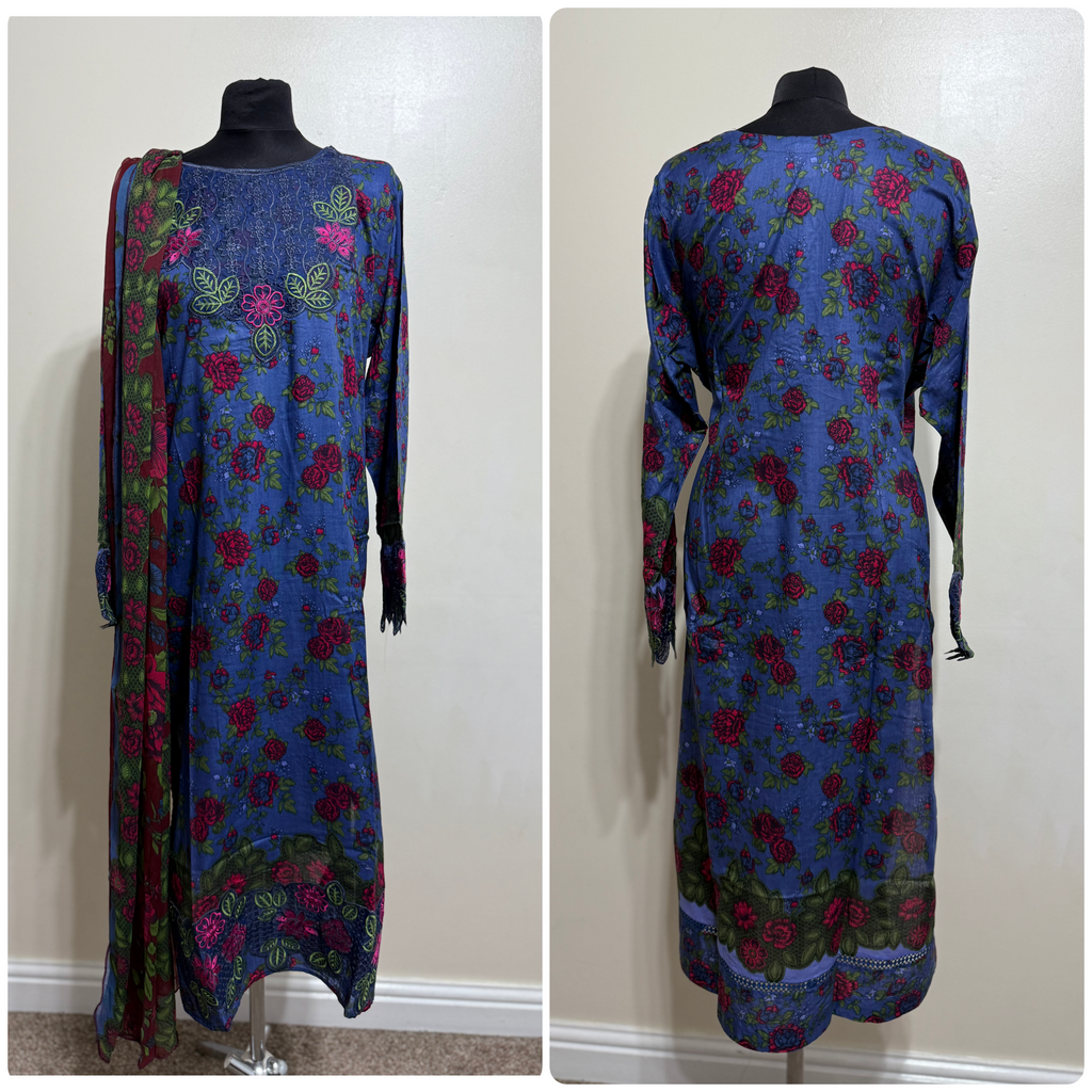 Designer Inspired by Iznik - 3 Piece Outfit Salwar Kameez Pakistan Fashion (BLUE) IN1