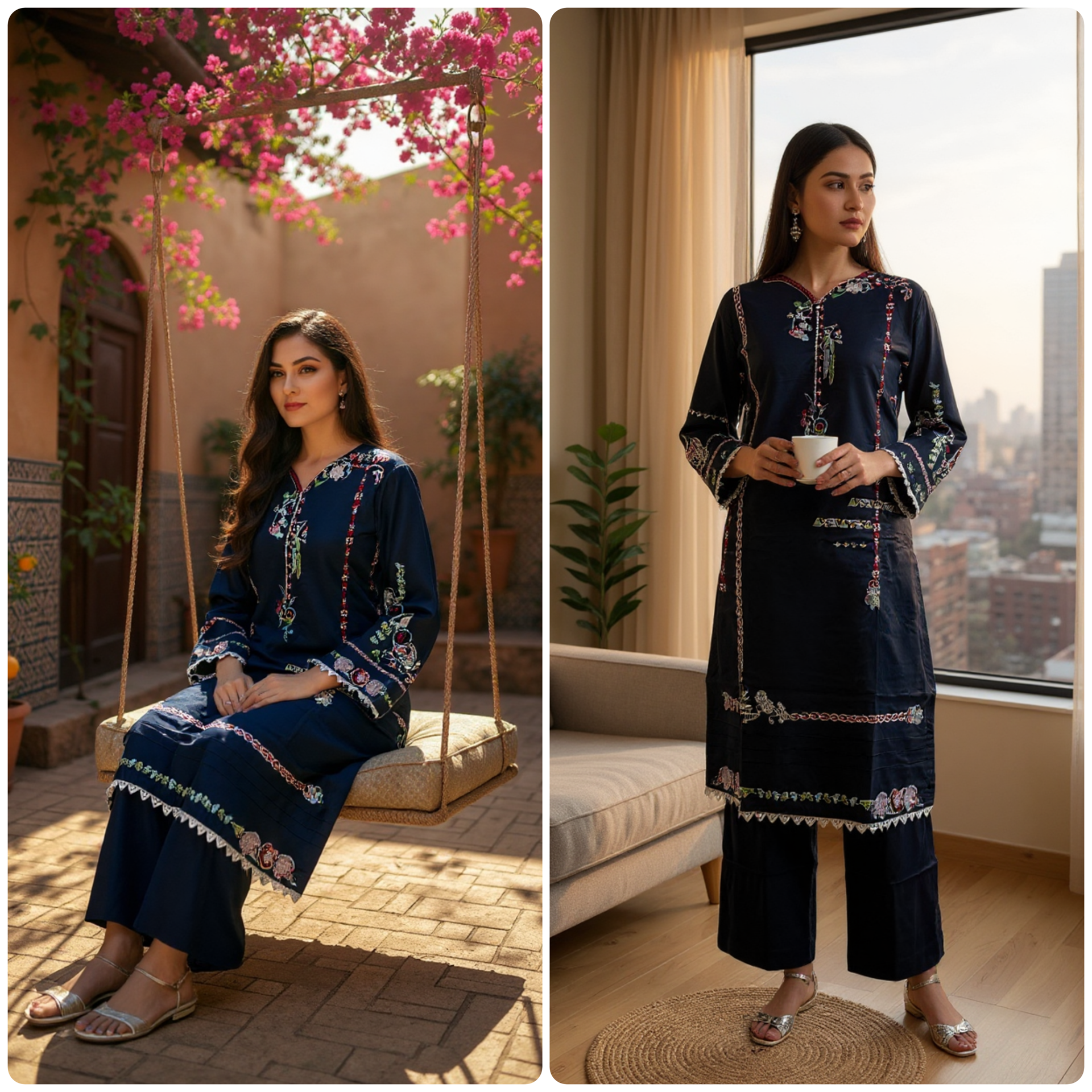 Designer Inspired by Iznik - 2 Piece Outfit Salwar Kameez Pakistan Fashion (Dark Blue)