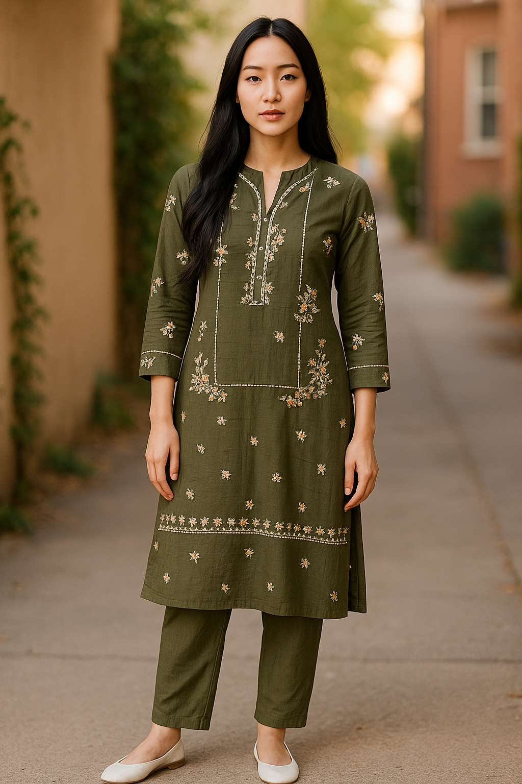 Designer Inspired by Iznik - 2 Piece Outfit Salwar Kameez Pakistan Fashion (Olive Green)