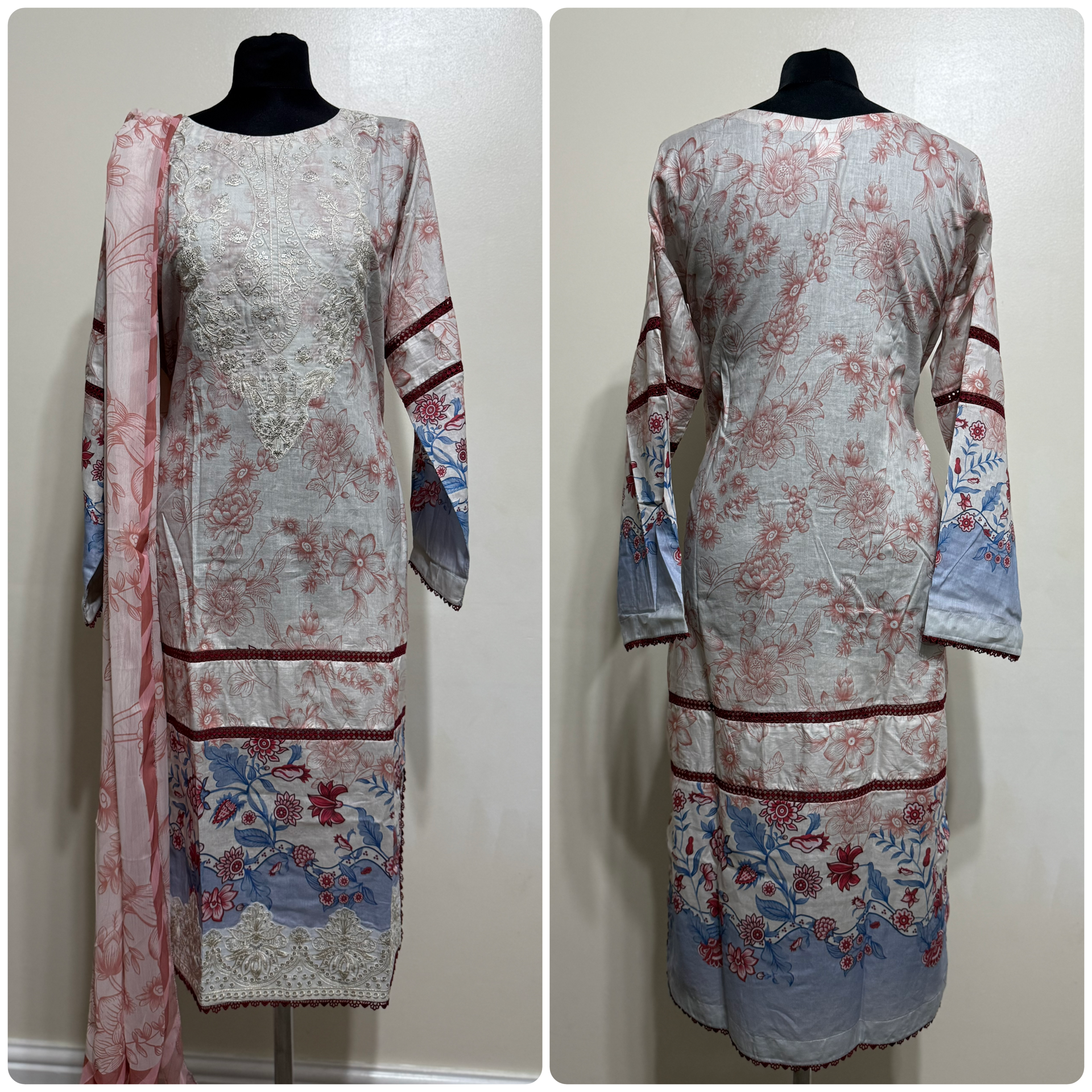 Designer Inspired by Afrozeh - 3 Piece Outfit Salwar Kameez Pakistan Fashion (Cream Pink) AF2