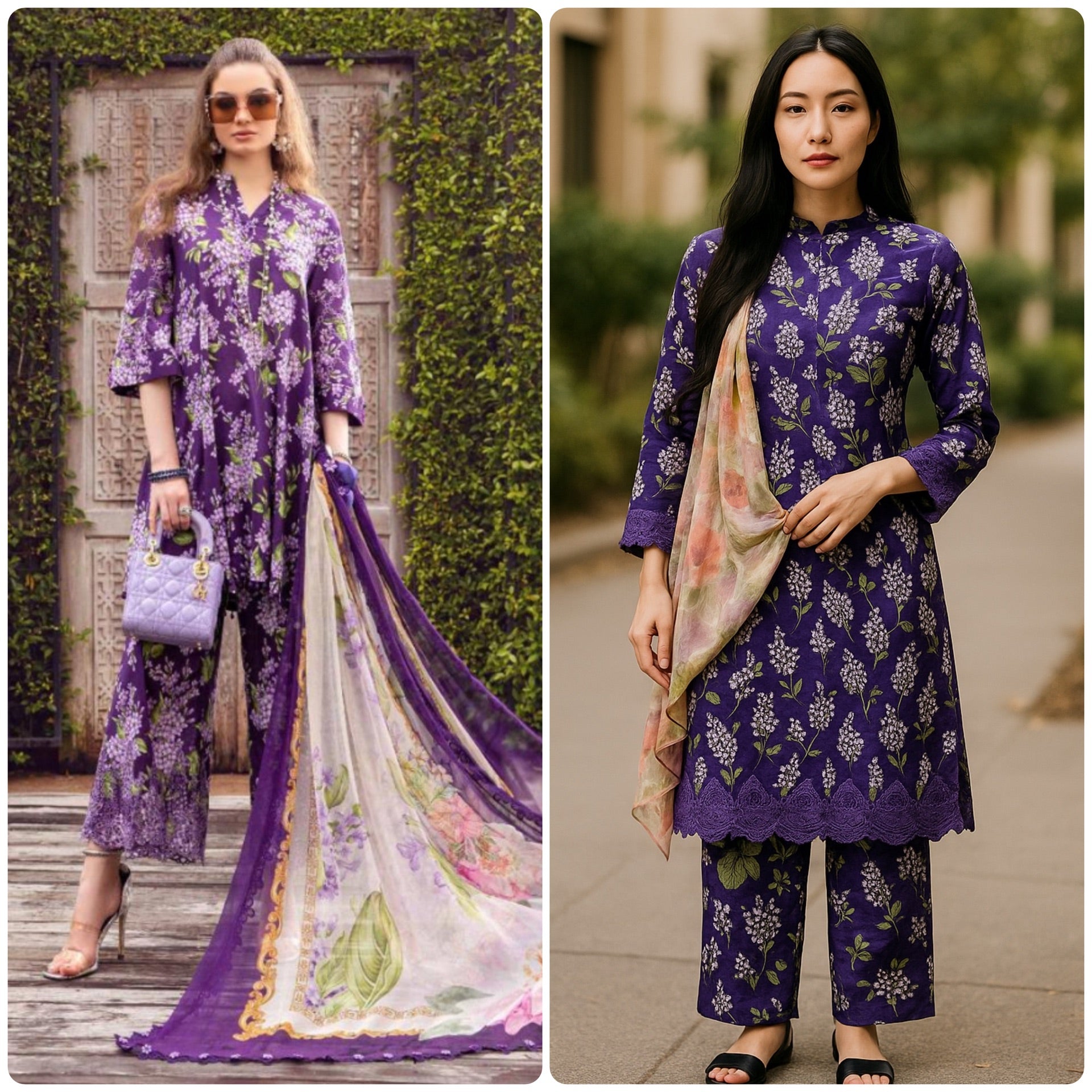 Designer Inspired by Maria B - 3 Piece Outfit Salwar Kameez Pakistan Fashion (Purple Floral) MB9