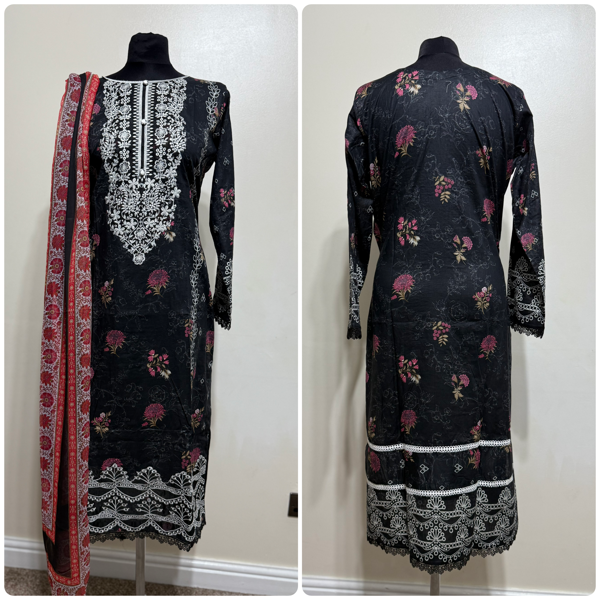 Designer Inspired by Afrozeh - 3 Piece Outfit Salwar Kameez Pakistan Fashion (Black Red) AF3