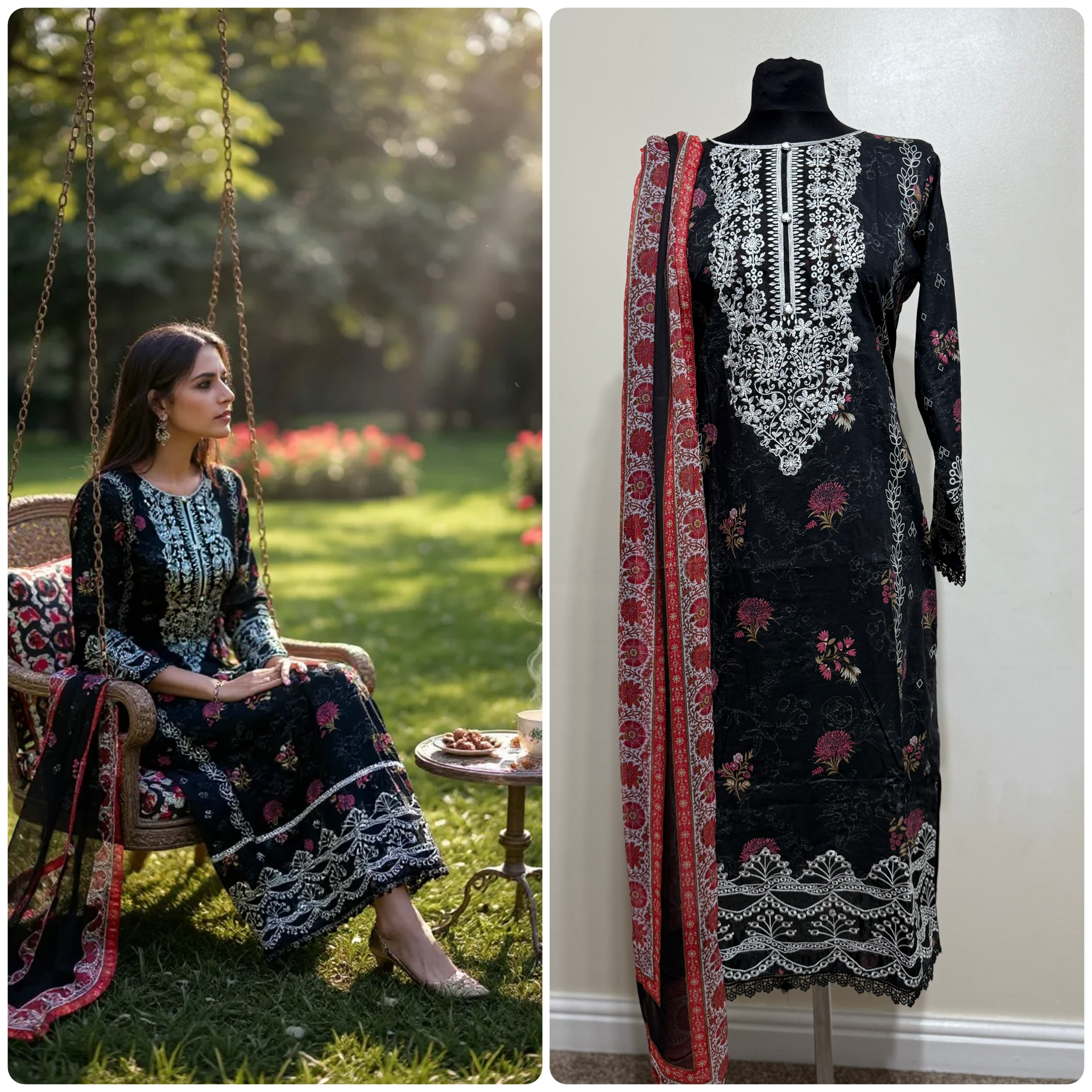 Designer Inspired by Afrozeh - 3 Piece Outfit Salwar Kameez Pakistan Fashion (Black Red) AF3