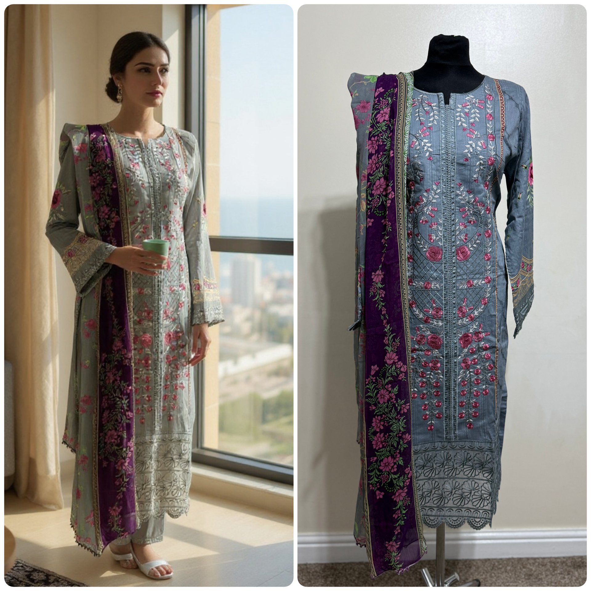 Designer Inspired by Maria B - 3 Piece Outfit Salwar Kameez Pakistan Fashion (Grey)