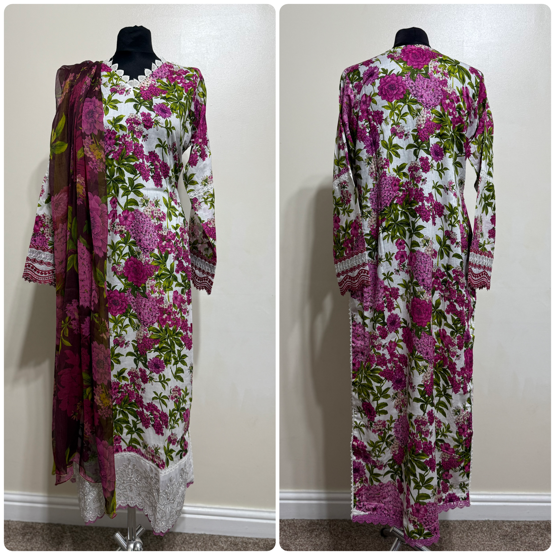 Designer Inspired by Maria B - 3 Piece Outfit Salwar Kameez Pakistan Fashion (Pink Floral) MB7