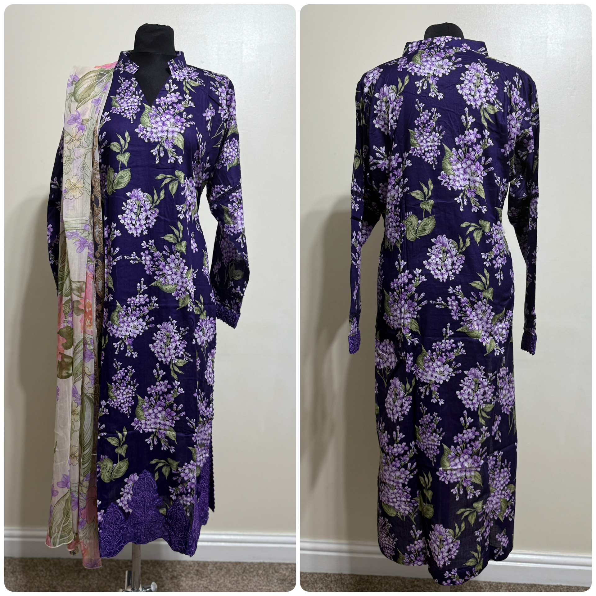 Designer Inspired by Maria B - 3 Piece Outfit Salwar Kameez Pakistan Fashion (Purple Floral) MB9