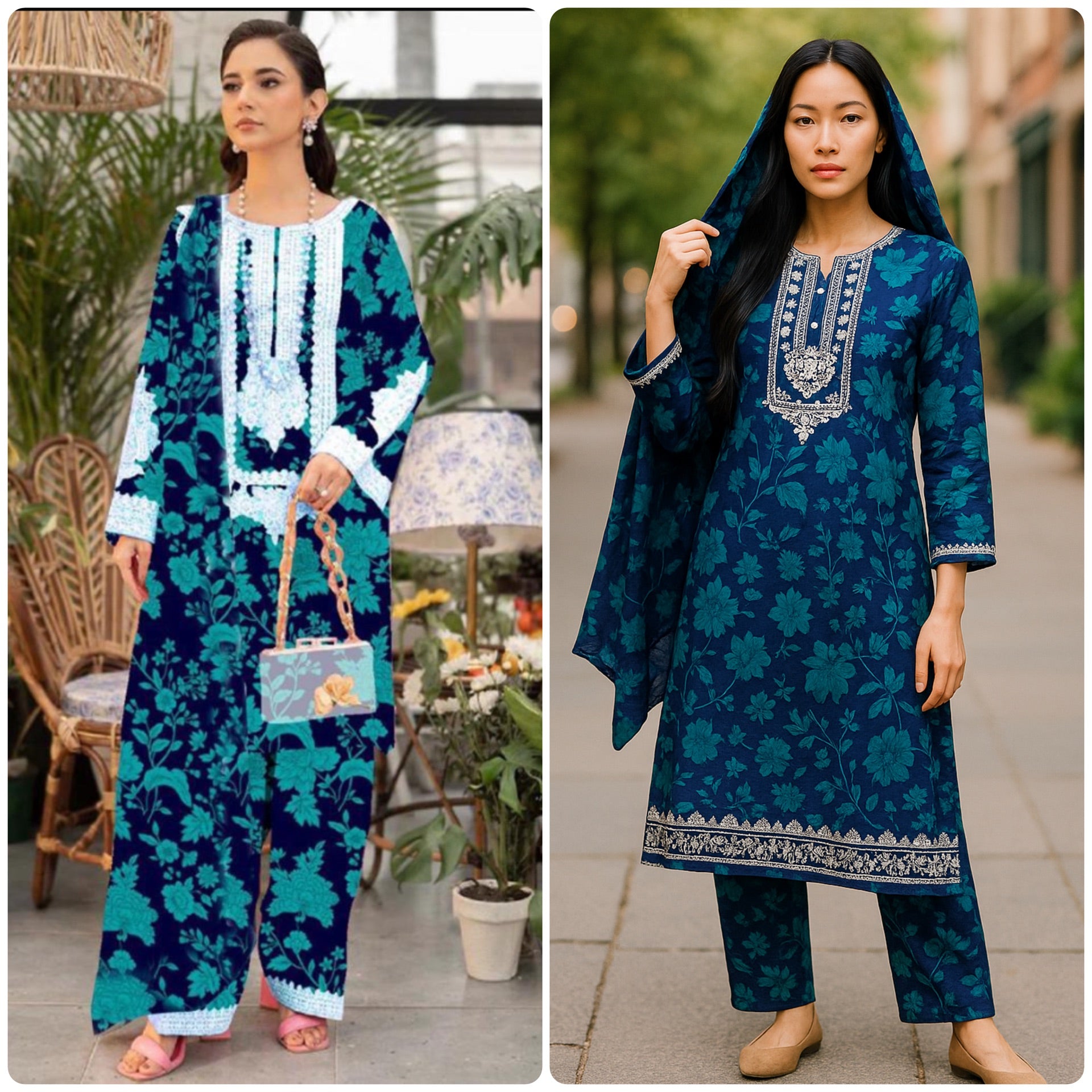 Designer Inspired by Baroque - 3 Piece Outfit Salwar Kameez Pakistan Fashion (Green Floral) BR2