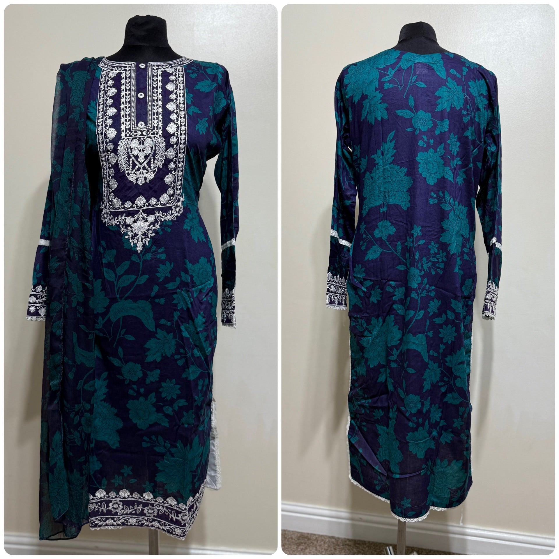 Designer Inspired by Baroque - 3 Piece Outfit Salwar Kameez Pakistan Fashion (Green Floral) BR2