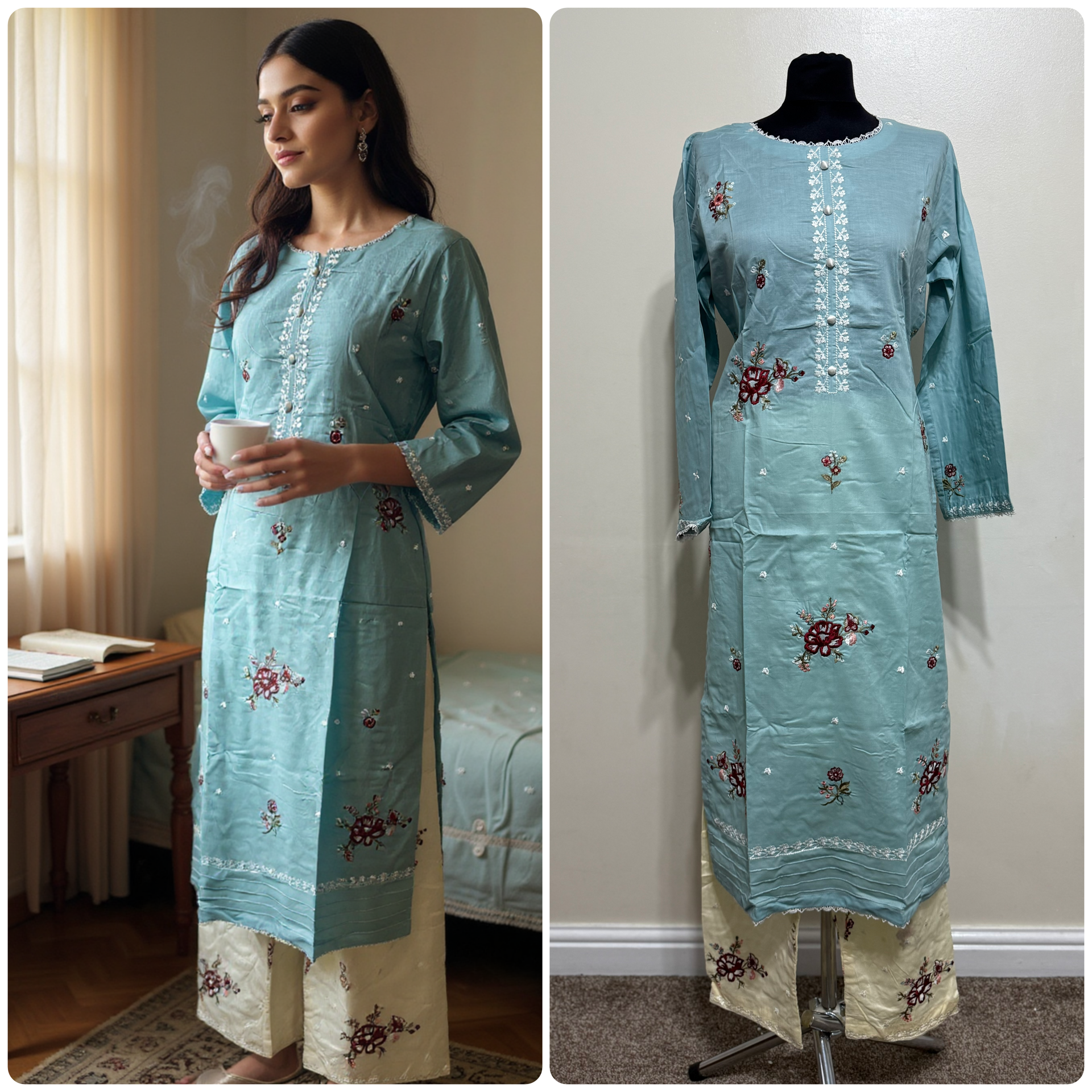 Designer Inspired by Iznik - 2 Piece Outfit Salwar Kameez Pakistan Fashion (Baby Blue)