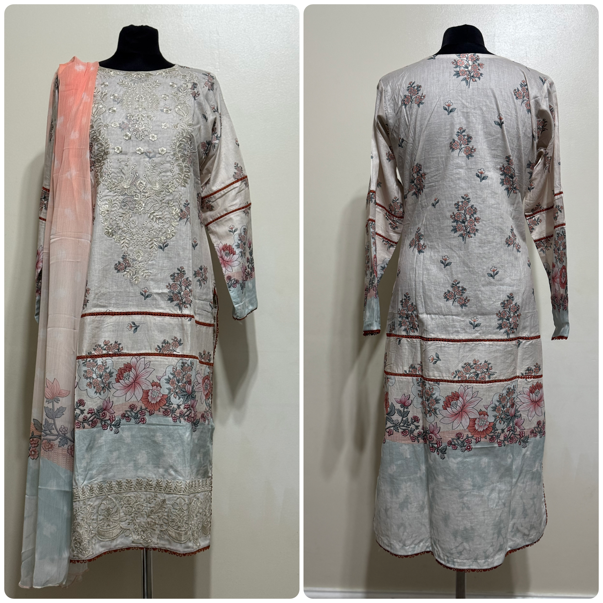 Designer Inspired by Afrozeh - 3 Piece Outfit Salwar Kameez Pakistan Fashion (Cream) AF5