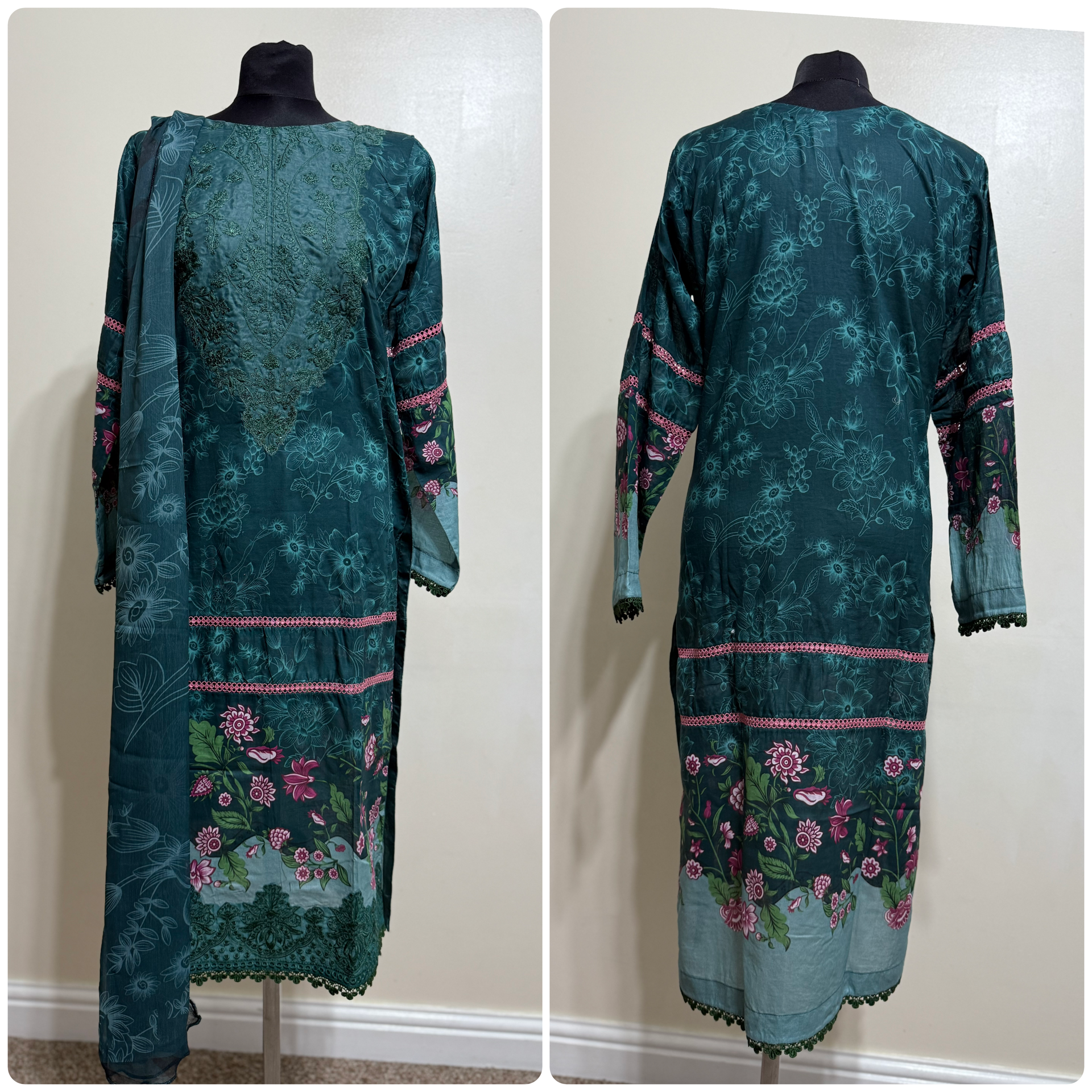 Designer Inspired by Afrozeh - 3 Piece Outfit Salwar Kameez Pakistan Fashion (Dark Green) AF1