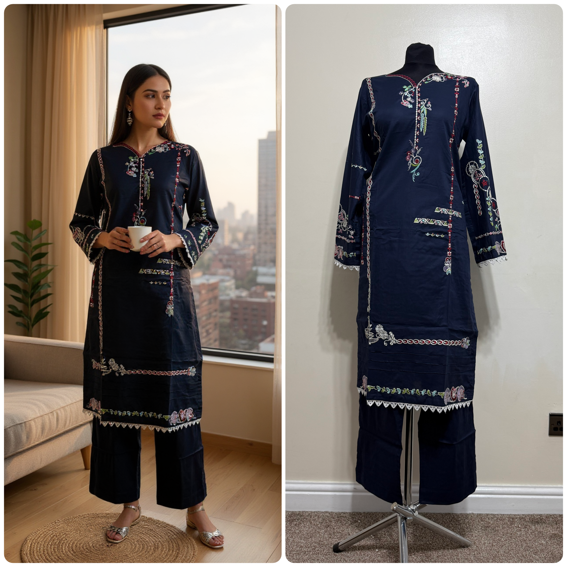 Designer Inspired by Iznik - 2 Piece Outfit Salwar Kameez Pakistan Fashion (Dark Blue)