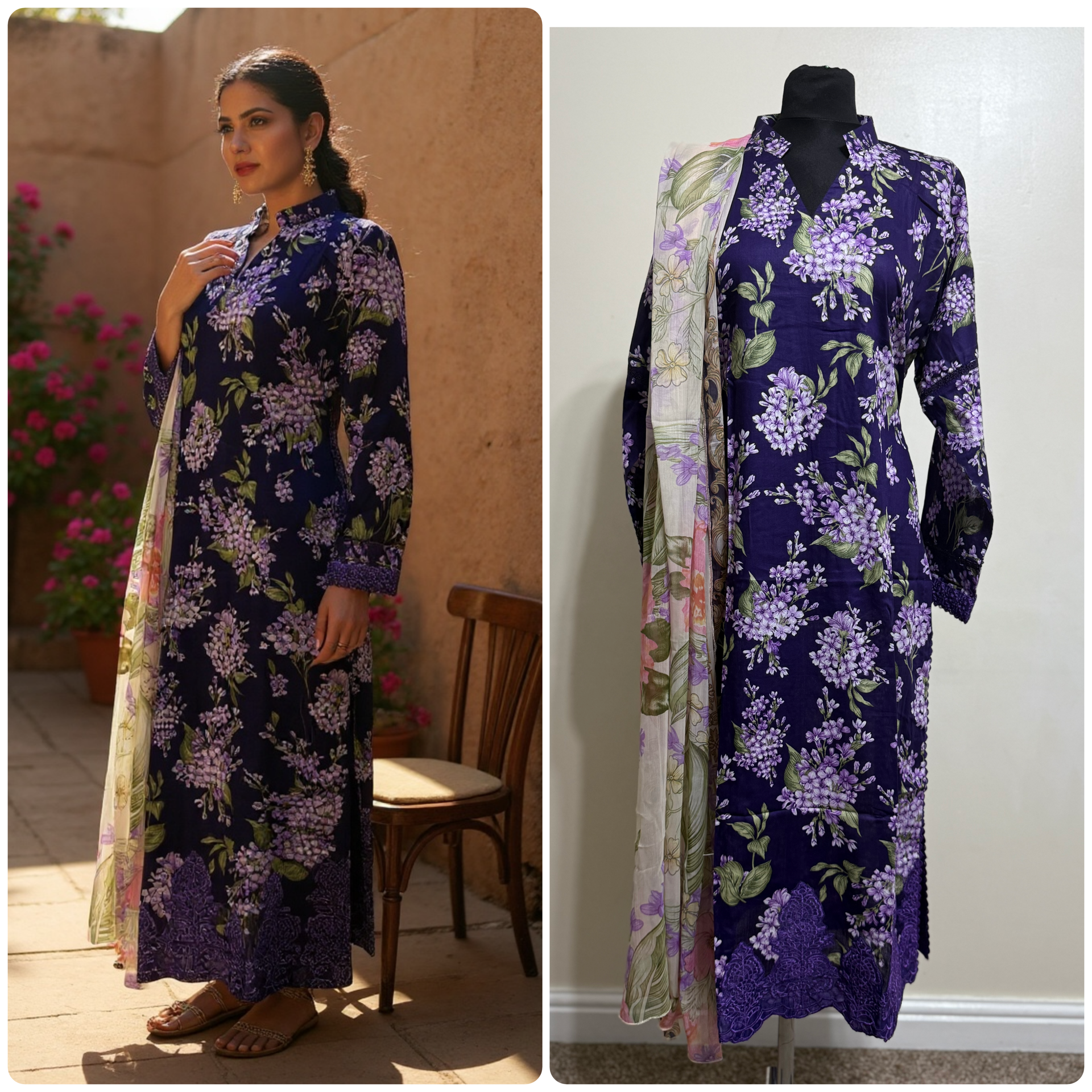 Designer Inspired by Maria B - 3 Piece Outfit Salwar Kameez Pakistan Fashion (Purple Floral) MB9