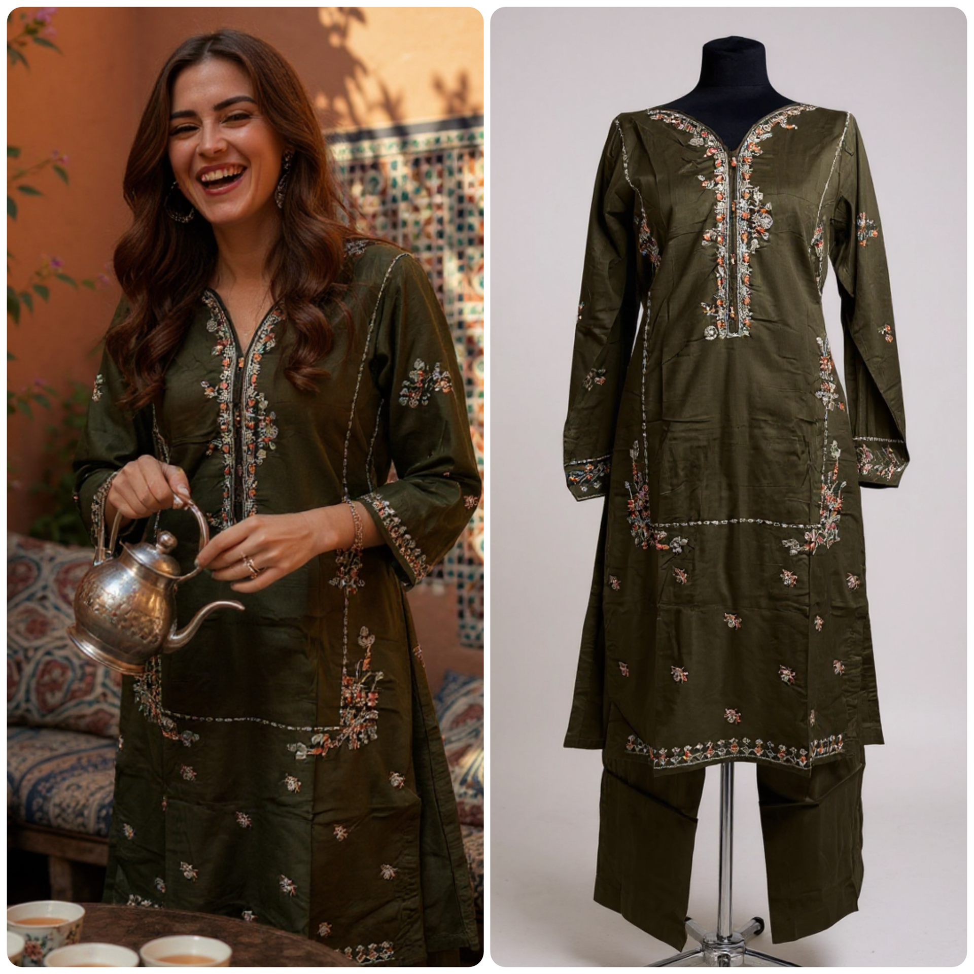 Designer Inspired by Iznik - 2 Piece Outfit Salwar Kameez Pakistan Fashion (Olive Green)