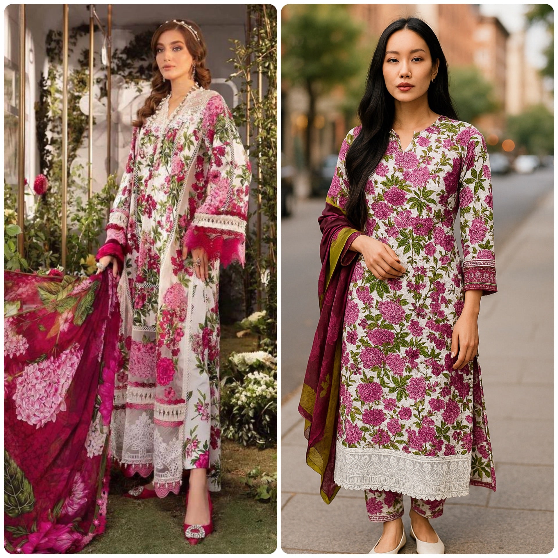 Designer Inspired by Maria B - 3 Piece Outfit Salwar Kameez Pakistan Fashion (Pink Floral) MB7