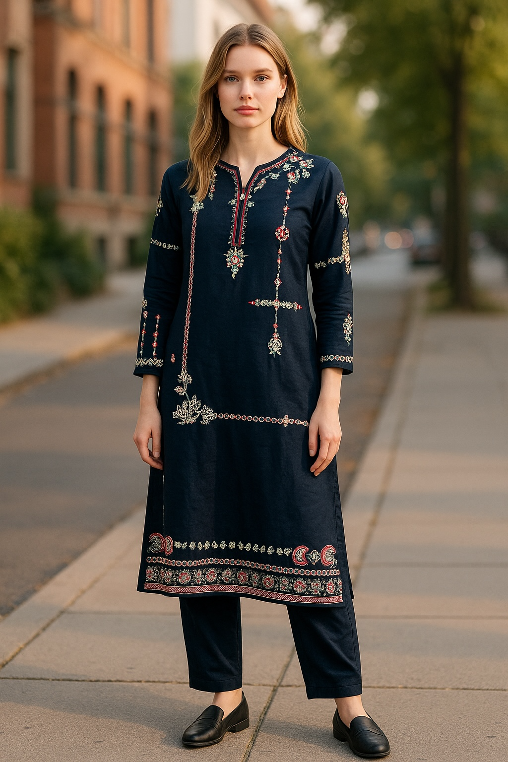 Designer Inspired by Iznik - 2 Piece Outfit Salwar Kameez Pakistan Fashion (Dark Blue)