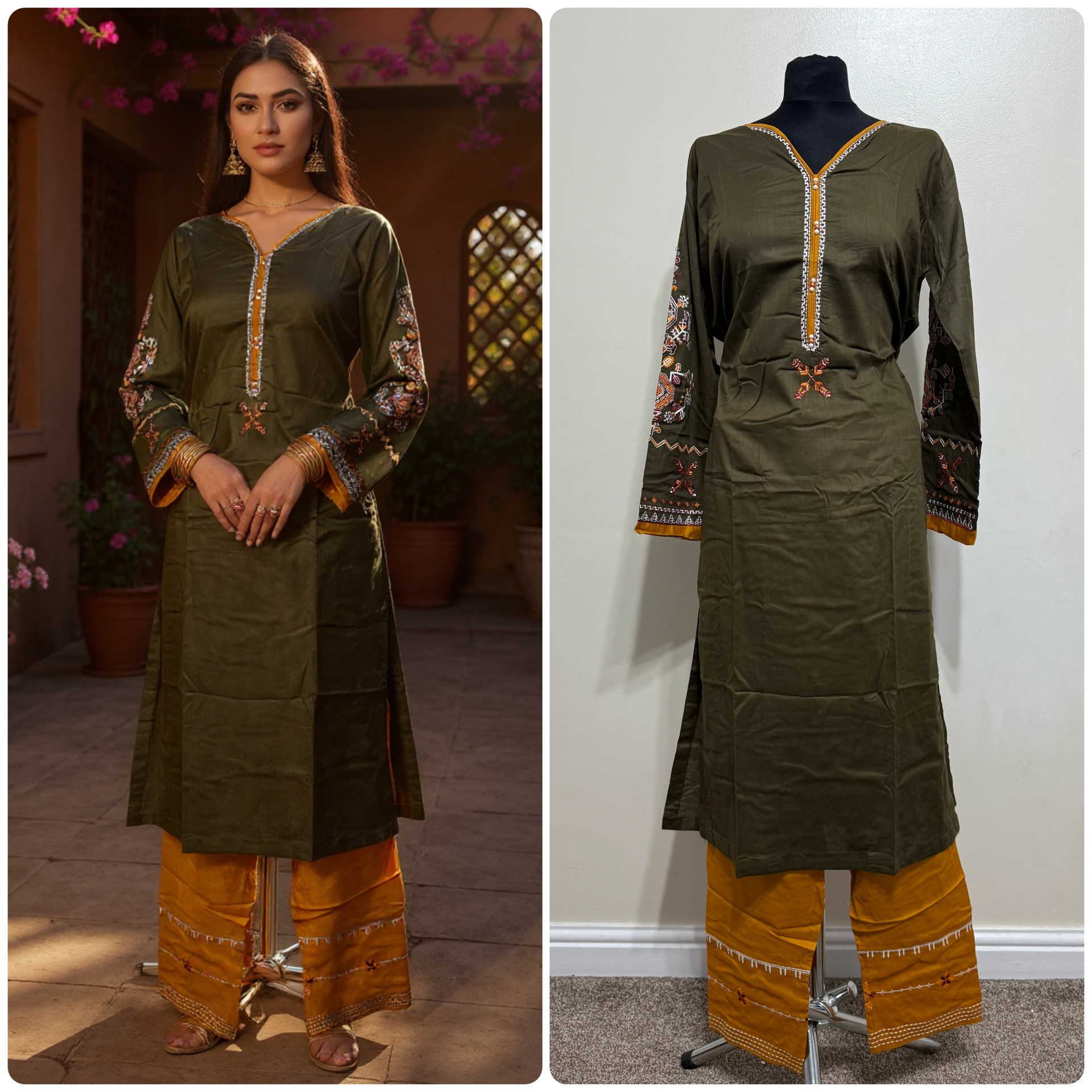 Designer Inspired by Iznik - 2 Piece Outfit Salwar Kameez Pakistan Fashion (Green Mustard)