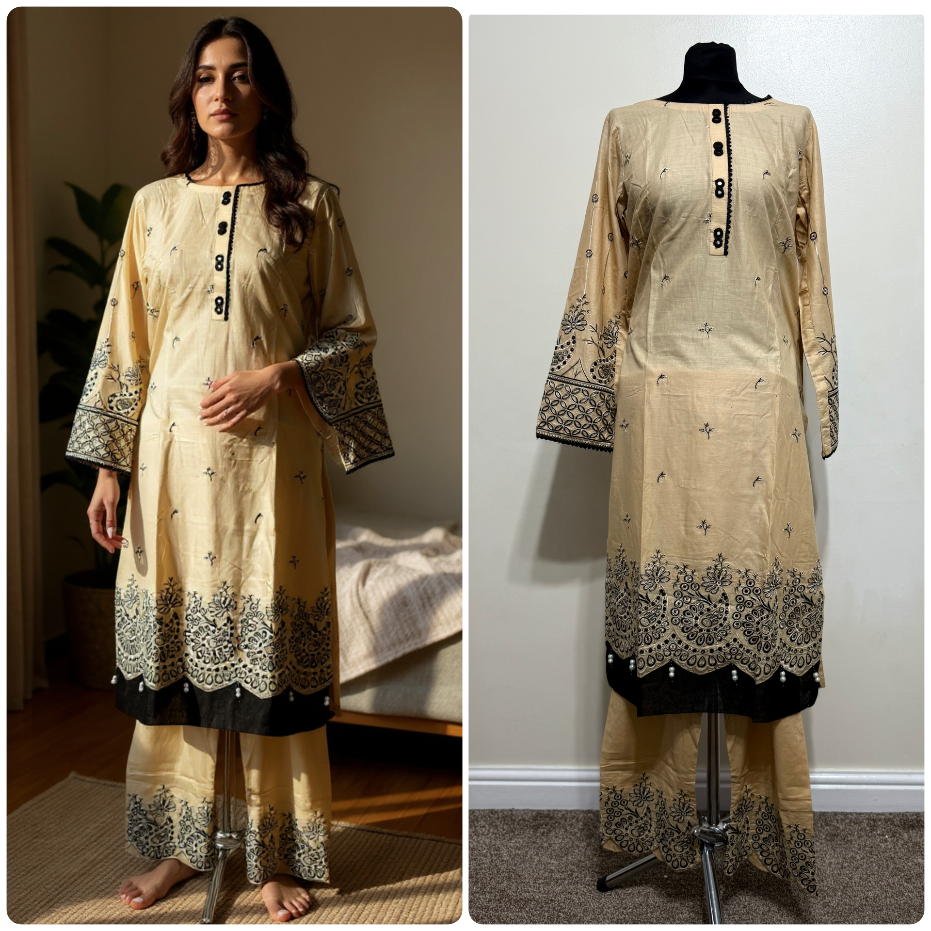Designer Inspired by Iznik - 2 Piece Outfit Salwar Kameez Pakistan Fashion (Cream)