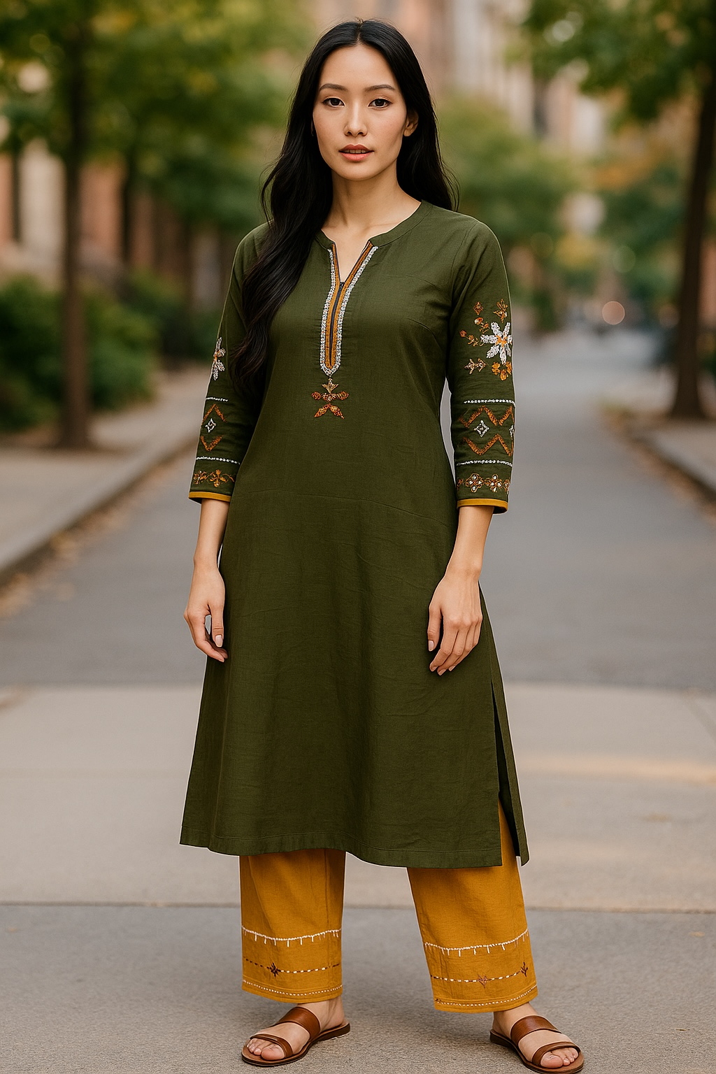 Designer Inspired by Iznik - 2 Piece Outfit Salwar Kameez Pakistan Fashion (Green Mustard)