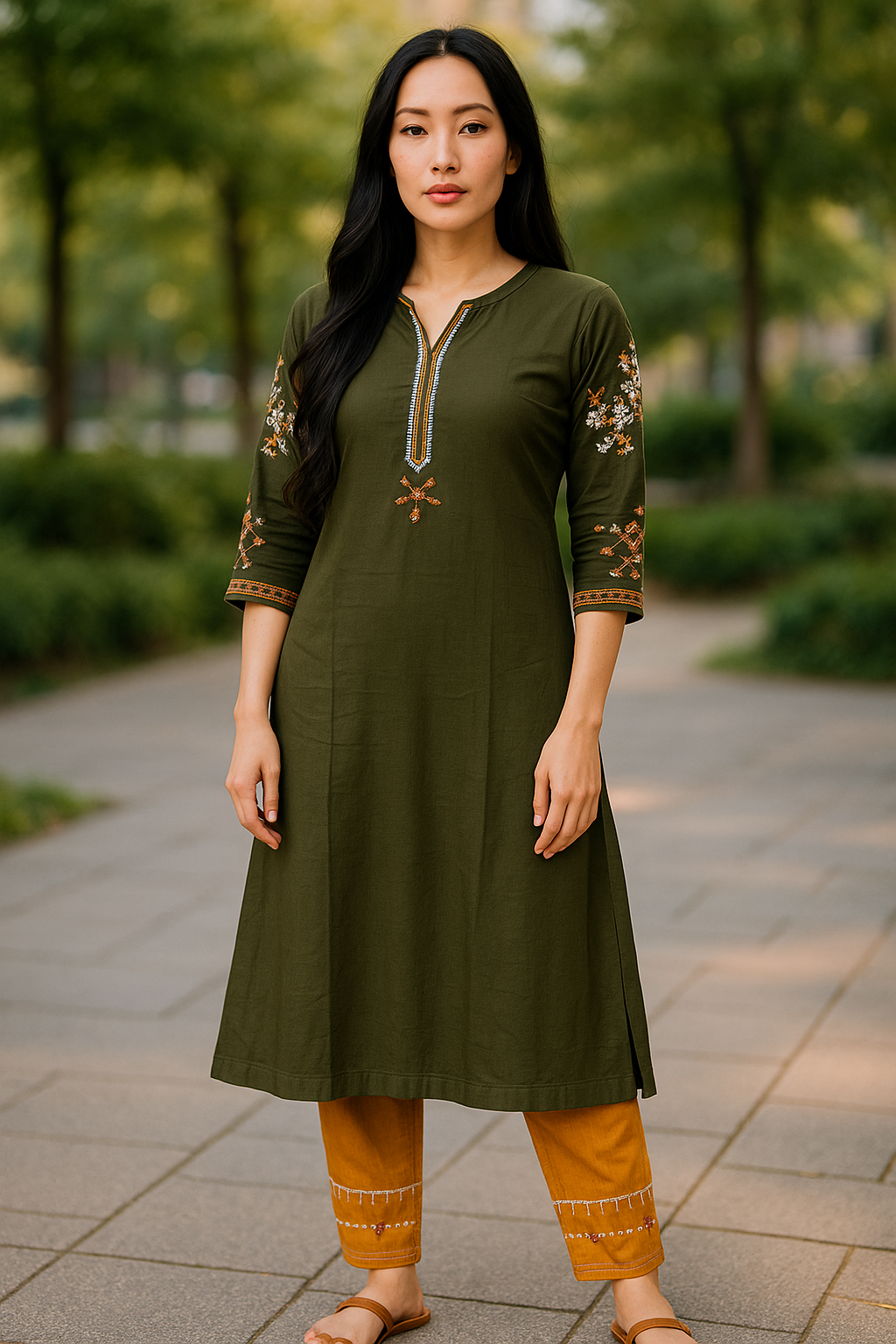 Designer Inspired by Iznik - 2 Piece Outfit Salwar Kameez Pakistan Fashion (Green Mustard)