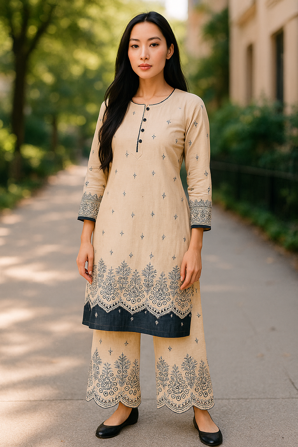 Designer Inspired by Iznik - 2 Piece Outfit Salwar Kameez Pakistan Fashion (Cream)