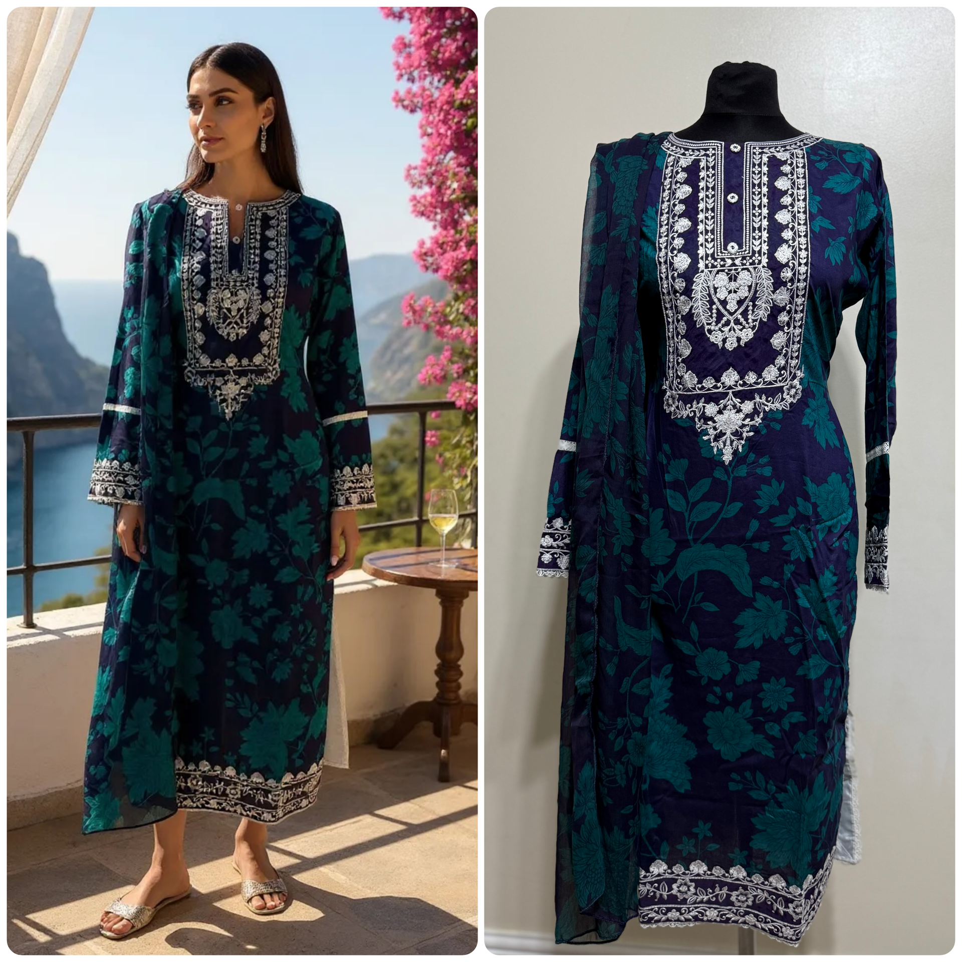Designer Inspired by Baroque - 3 Piece Outfit Salwar Kameez Pakistan Fashion (Green Floral) BR2