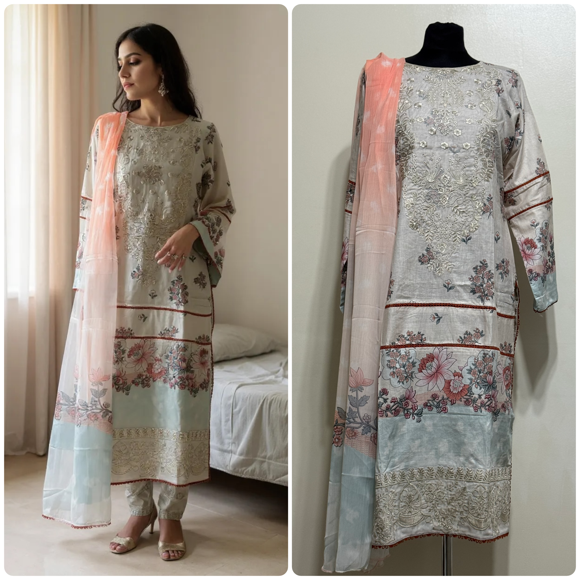 Designer Inspired by Afrozeh - 3 Piece Outfit Salwar Kameez Pakistan Fashion (Cream) AF5