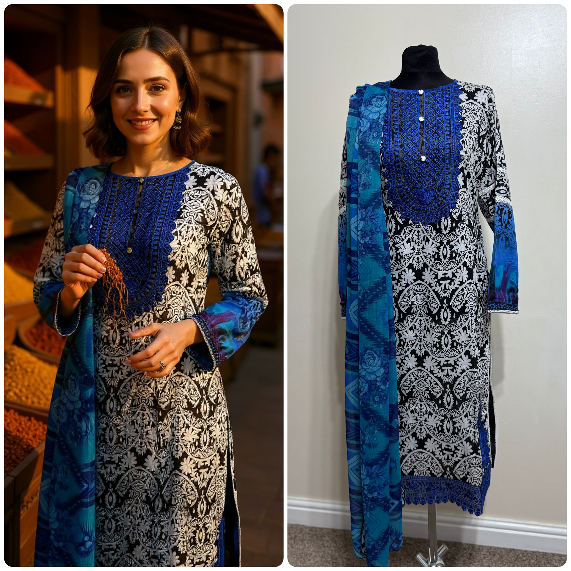 Designer Inspired by Zainab Chottani - 3 Piece Outfit Salwar Kameez Pakistan Fashion (Blue/Black) ZC1