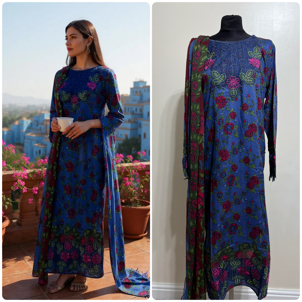 Designer Inspired by Iznik - 3 Piece Outfit Salwar Kameez Pakistan Fashion (BLUE) IN1
