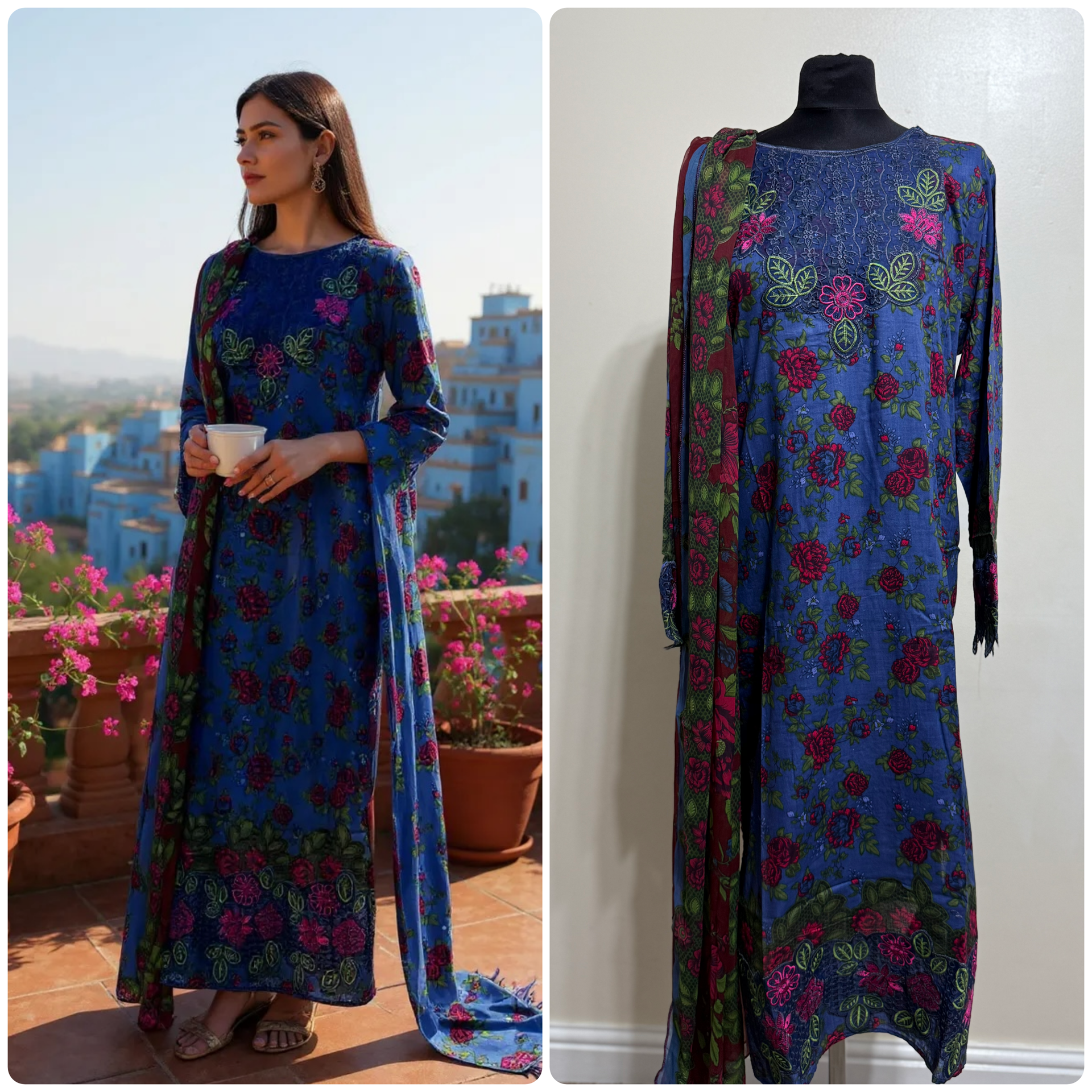 Designer Inspired by Iznik - 3 Piece Outfit Salwar Kameez Pakistan Fashion (BLUE) IN1