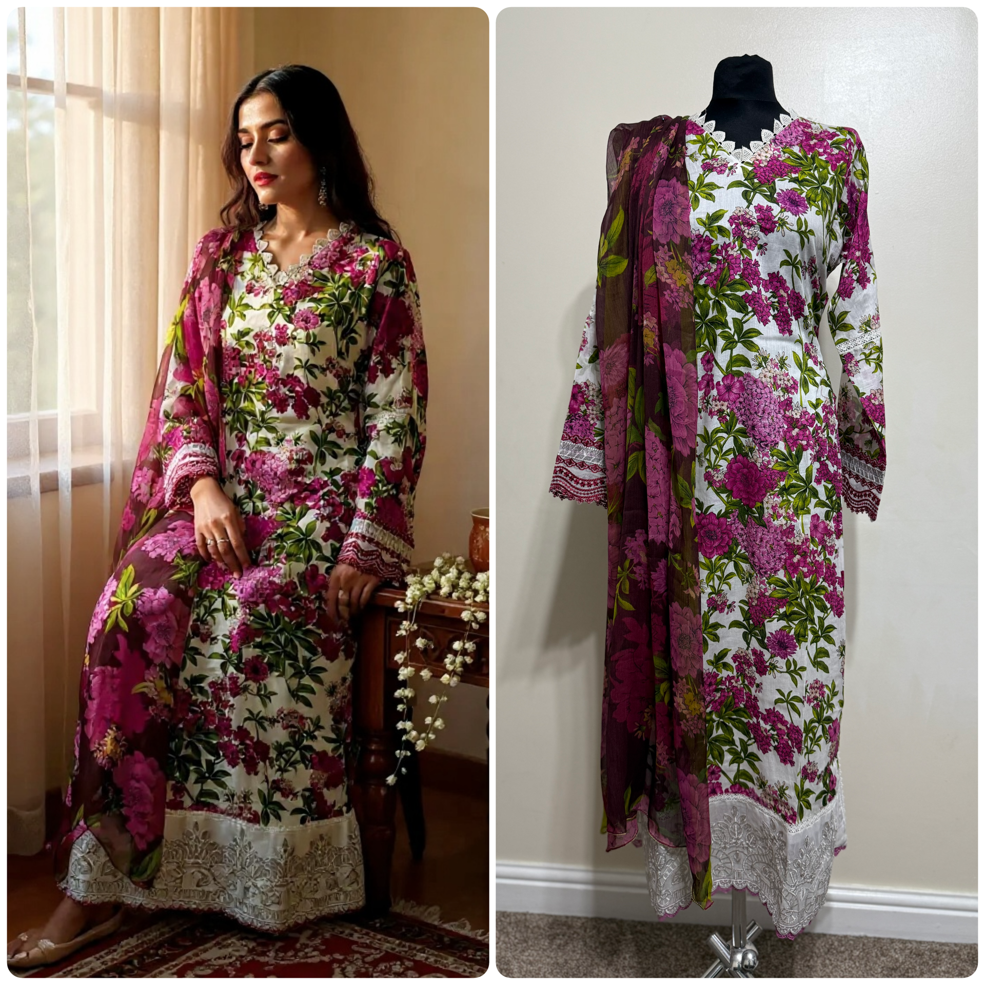 Designer Inspired by Maria B - 3 Piece Outfit Salwar Kameez Pakistan Fashion (Pink Floral) MB7