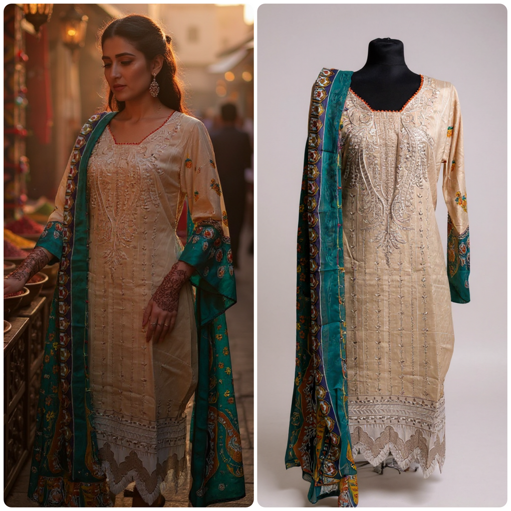 Designer Inspired by Maria B - 3 Piece Outfit Salwar Kameez Pakistan Fashion (Peach)