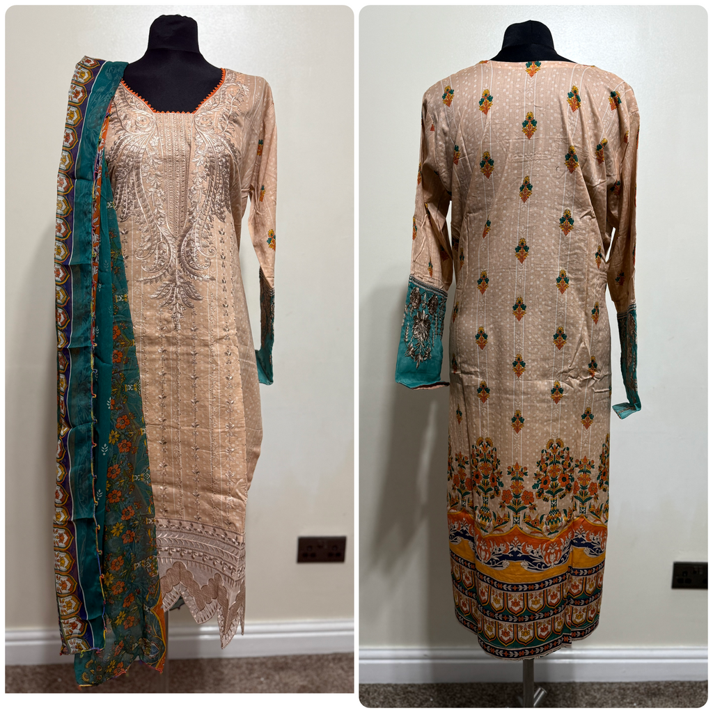 Designer Inspired by Maria B - 3 Piece Outfit Salwar Kameez Pakistan Fashion (Peach)