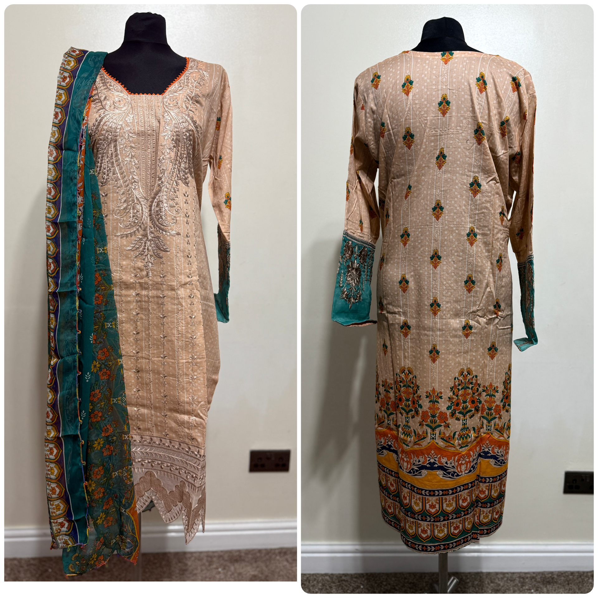 Designer Inspired by Maria B - 3 Piece Outfit Salwar Kameez Pakistan Fashion (Peach)