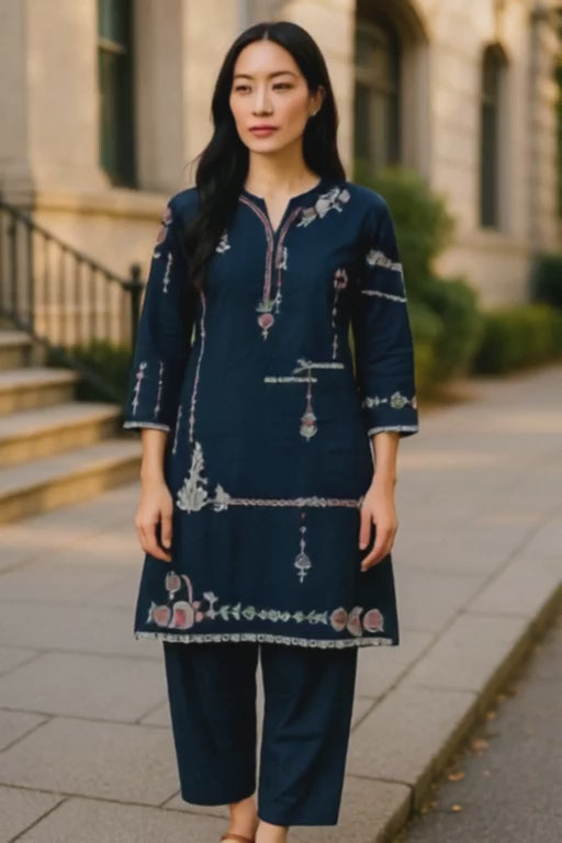 Designer Inspired by Iznik - 2 Piece Outfit Salwar Kameez Pakistan Fashion (Dark Blue)