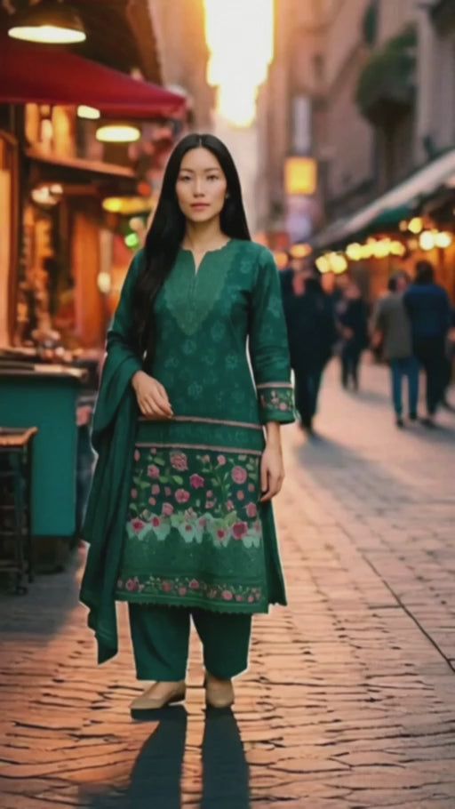 Designer Inspired by Afrozeh - 3 Piece Outfit Salwar Kameez Pakistan Fashion (Dark Green) AF1